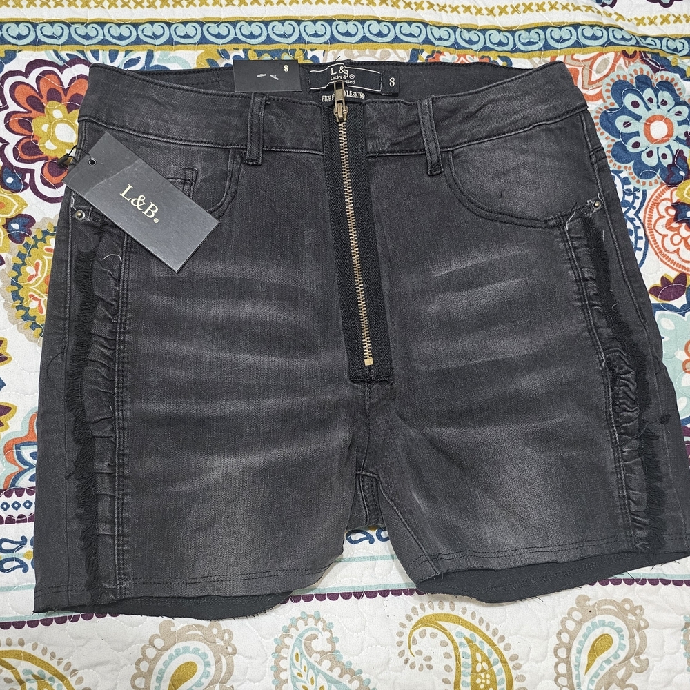 L&B Black Denim Shorts with Ruffle Detail